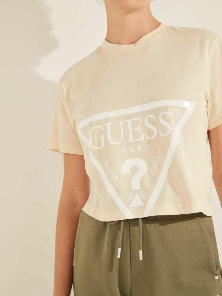 GUESS Cropped Logo Women's T-Shirts Cream | UK4032QKS