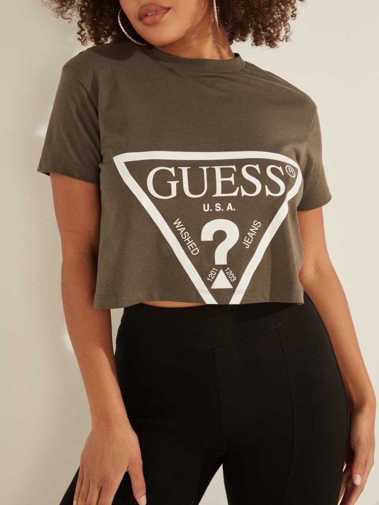 GUESS Cropped Logo Women's T-Shirts Green | UK5869KAF