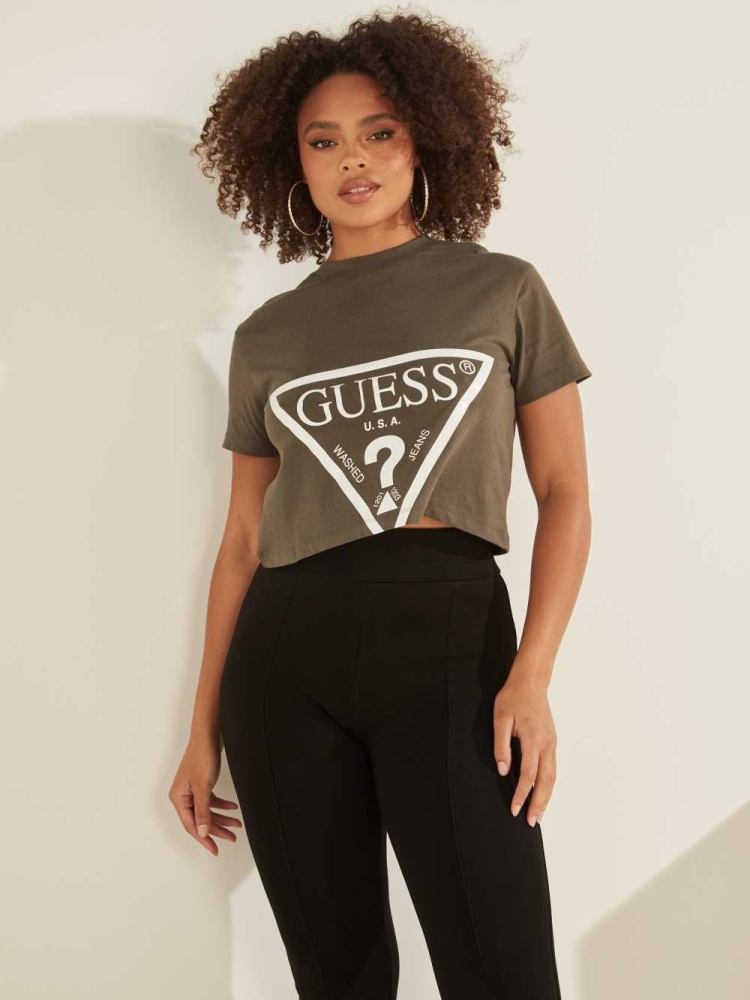 GUESS Cropped Logo Women\'s T-Shirts Green | UK5869KAF