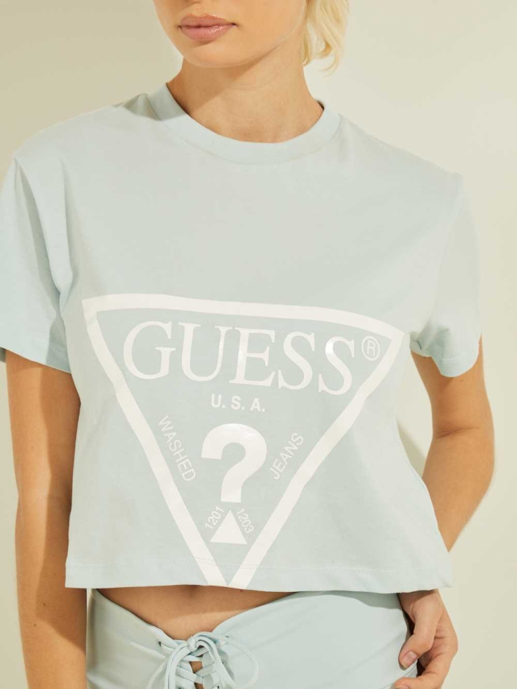 GUESS Cropped Logo Women's T-Shirts Light Blue | UK4089ULF