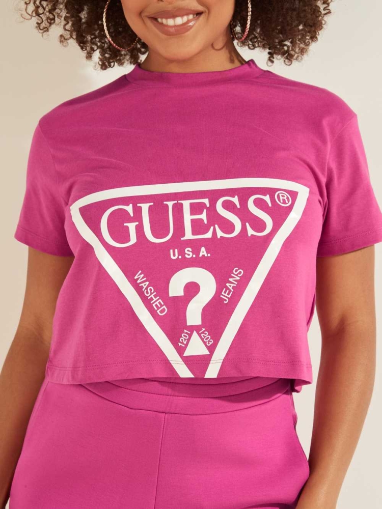 GUESS Cropped Logo Women's T-Shirts Purple | UK5962SPW