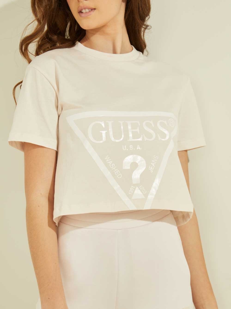 GUESS Cropped Logo Women's T-Shirts White | UK2834IEL