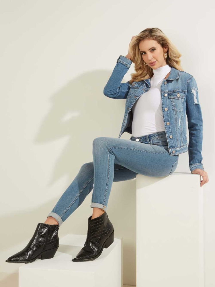 GUESS Destroyed Denim Trucker Women's Jackets Wash | UK0256AJG