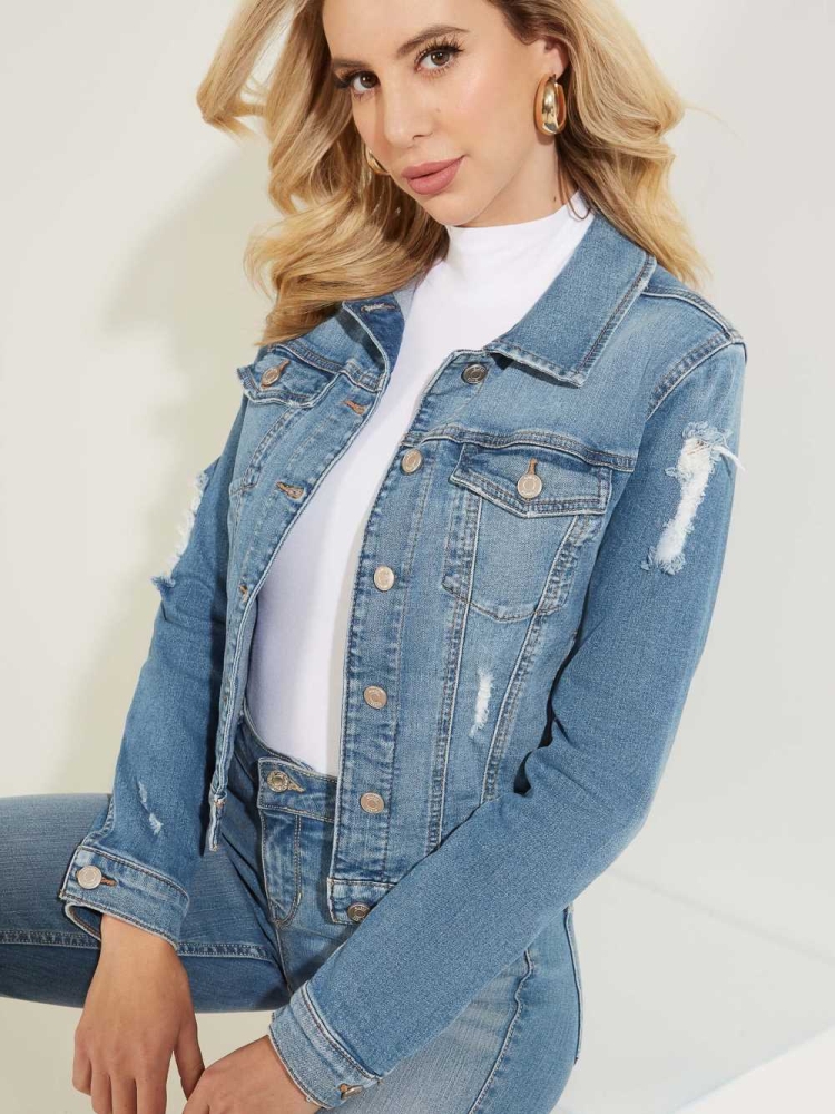 GUESS Destroyed Denim Trucker Women's Jackets Wash | UK0256AJG