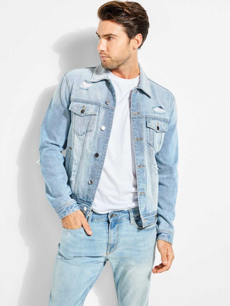 GUESS Dillon Light-Wash Denim Men's Jackets Blue | UK9153VAJ