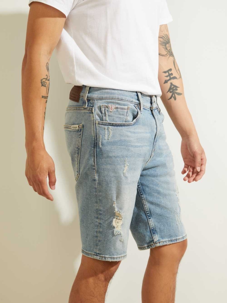 GUESS Distressed Slim Denim Men's Shorts Light Blue | UK7531XUF