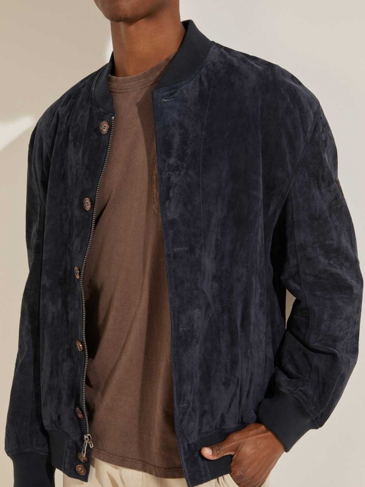 GUESS Dust Suede Bomber Men's Jackets Dark Blue | UK4396MAJ