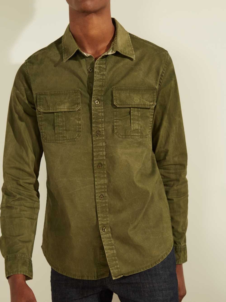 GUESS Dusty Twill Washed Milton Men's Shirts Deep Green Multicolor | UK0741LXN