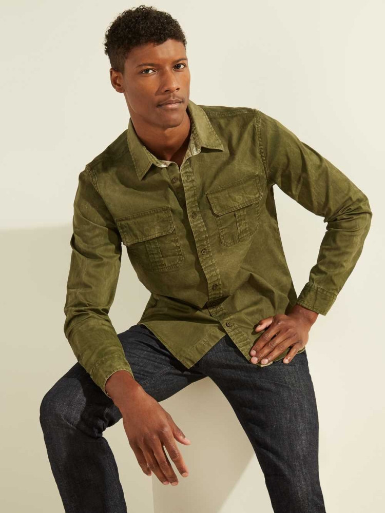 GUESS Dusty Twill Washed Milton Men\'s Shirts Deep Green Multicolor | UK0741LXN