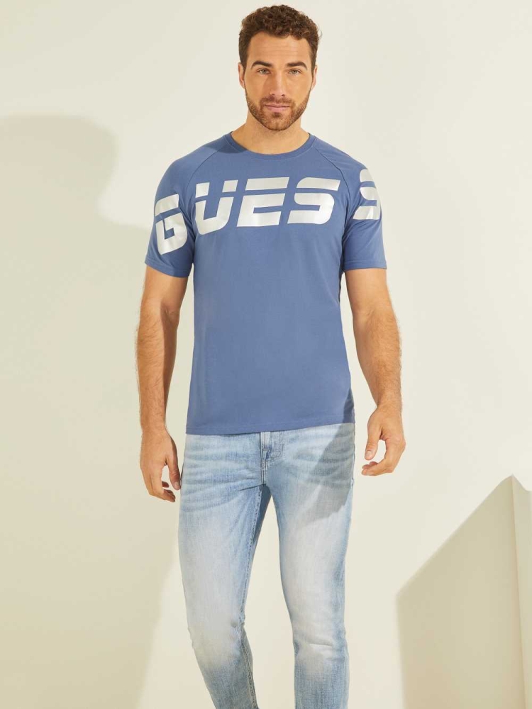 GUESS Eco Arden Logo Men\'s T-Shirts Blue | UK5870GTM