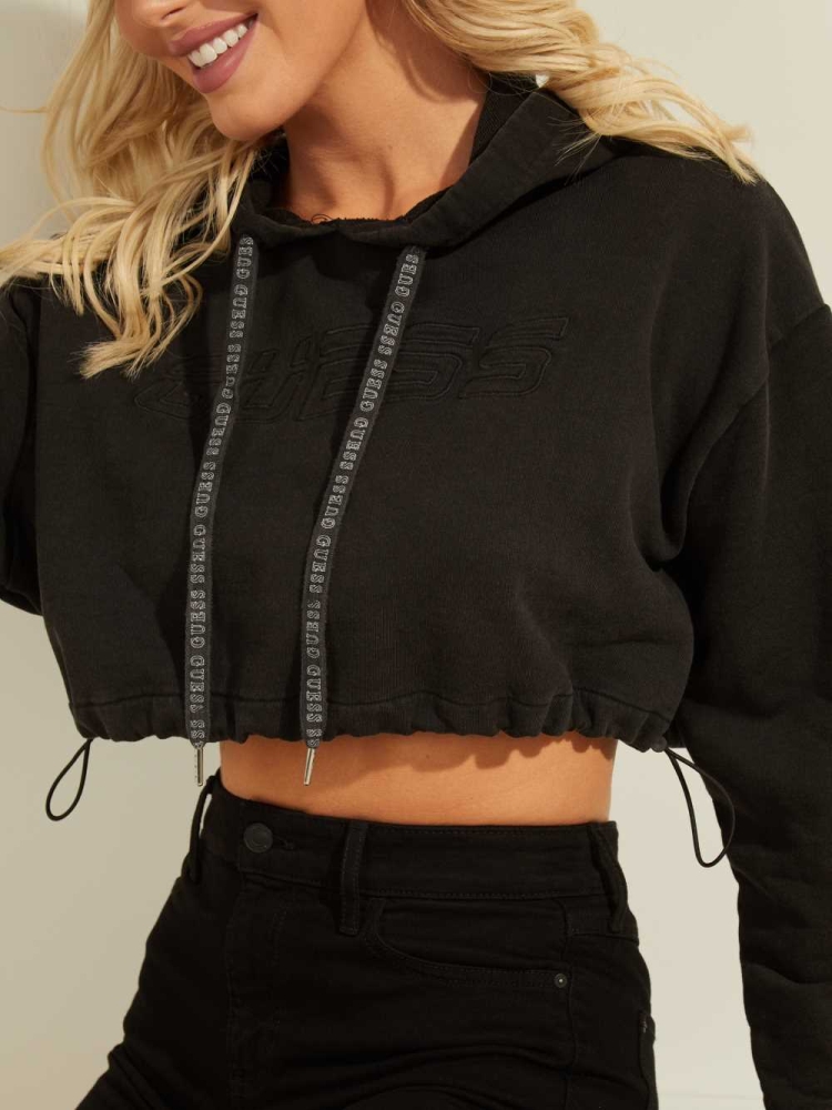 GUESS Eco Cropped Logo Women's Hoodies Black | UK5728KXU