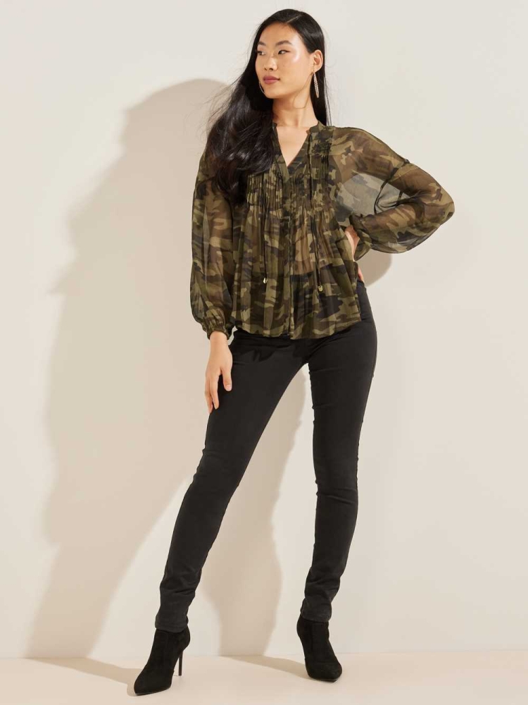 GUESS Eco Diamante Women's Blouse Camo Green | UK4158ENK