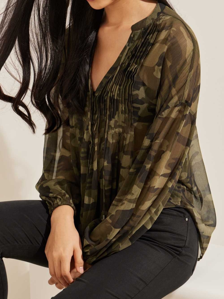 GUESS Eco Diamante Women's Blouse Camo Green | UK4158ENK