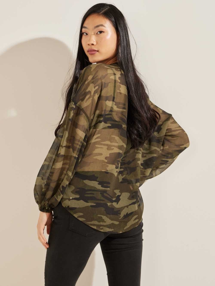 GUESS Eco Diamante Women's Blouse Camo Green | UK4158ENK