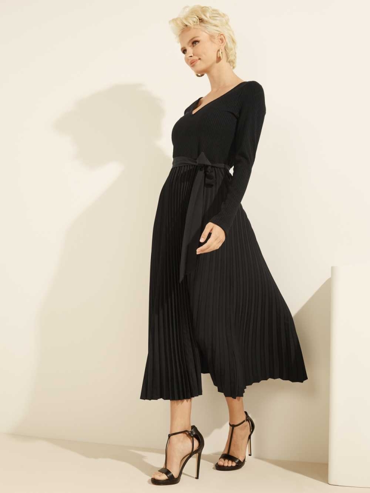 GUESS Eco Erynn Pleated Long-Sleeve Women's Dresses Black | UK1437HAU