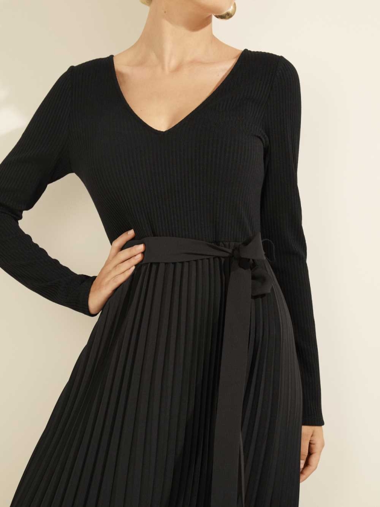 GUESS Eco Erynn Pleated Long-Sleeve Women's Dresses Black | UK1437HAU