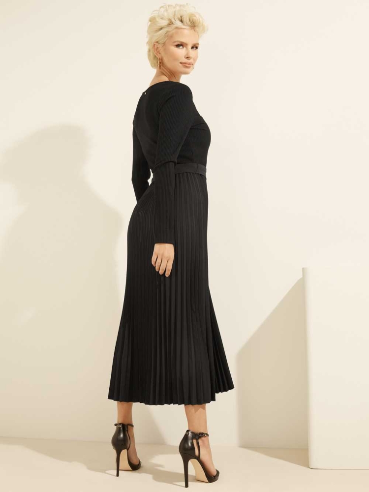 GUESS Eco Erynn Pleated Long-Sleeve Women's Dresses Black | UK1437HAU