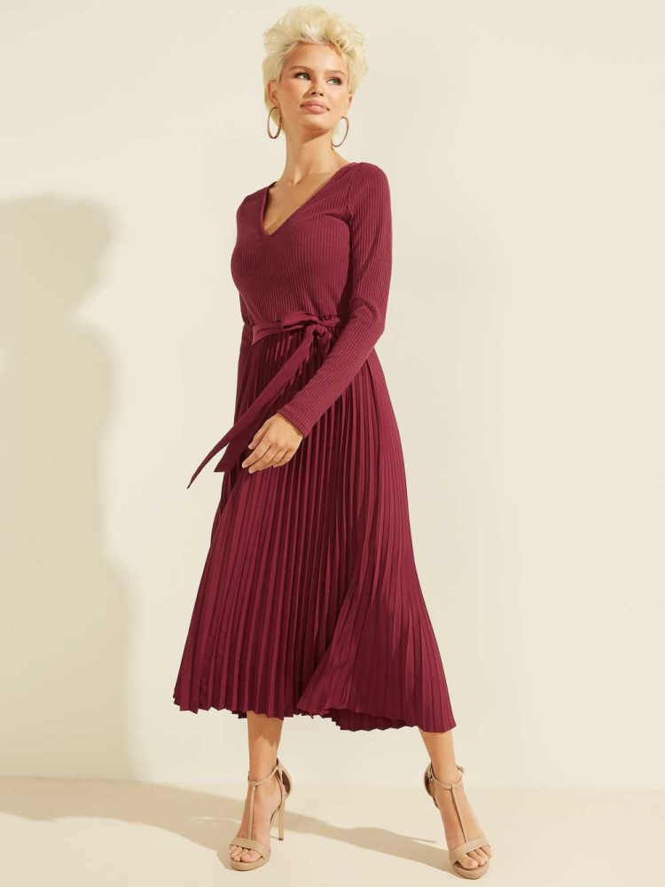 GUESS Eco Erynn Pleated Long-Sleeve Women's Dresses Dark Red | UK3761KPR