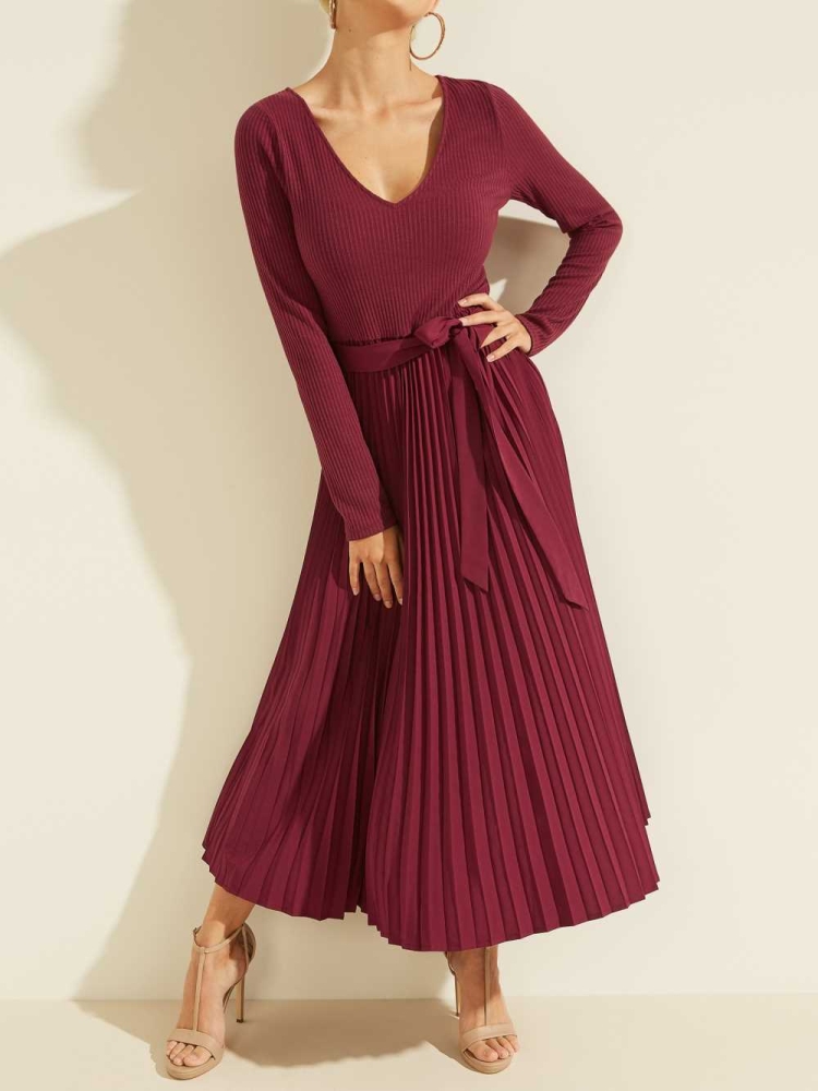 GUESS Eco Erynn Pleated Long-Sleeve Women's Dresses Dark Red | UK3761KPR