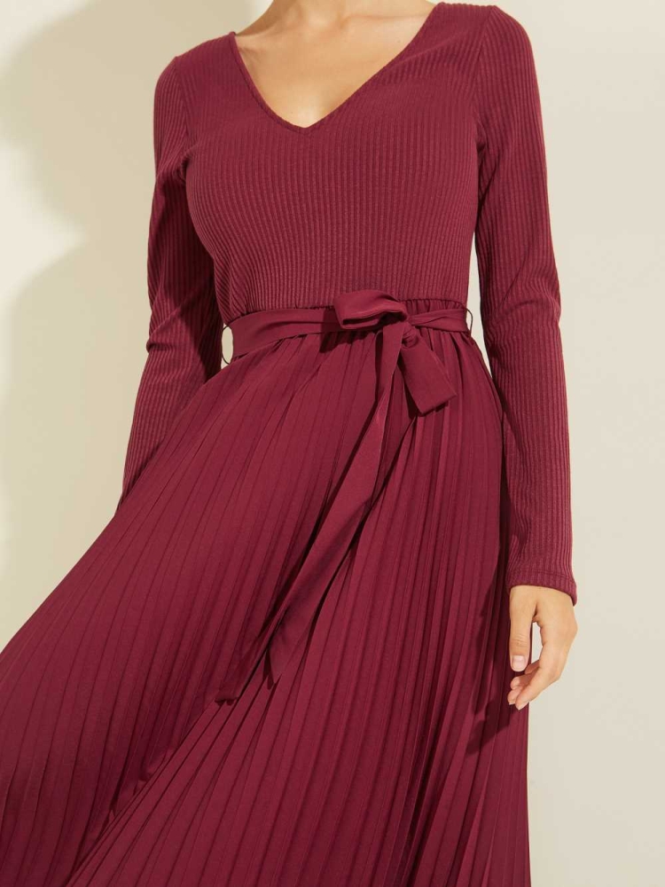 GUESS Eco Erynn Pleated Long-Sleeve Women's Dresses Dark Red | UK3761KPR