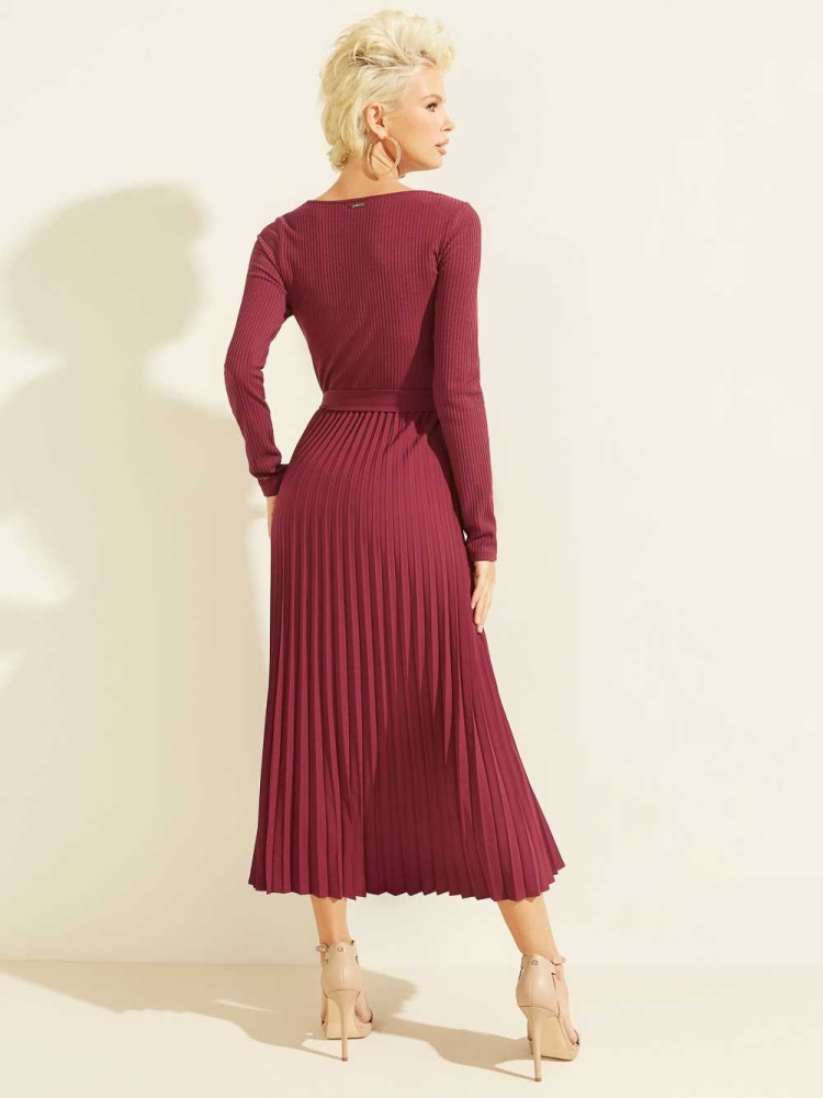 GUESS Eco Erynn Pleated Long-Sleeve Women's Dresses Dark Red | UK3761KPR