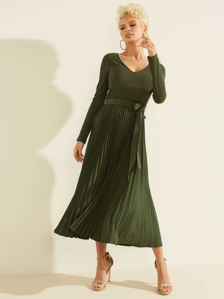 GUESS Eco Erynn Pleated Long-Sleeve Women's Dresses Green | UK5381APM