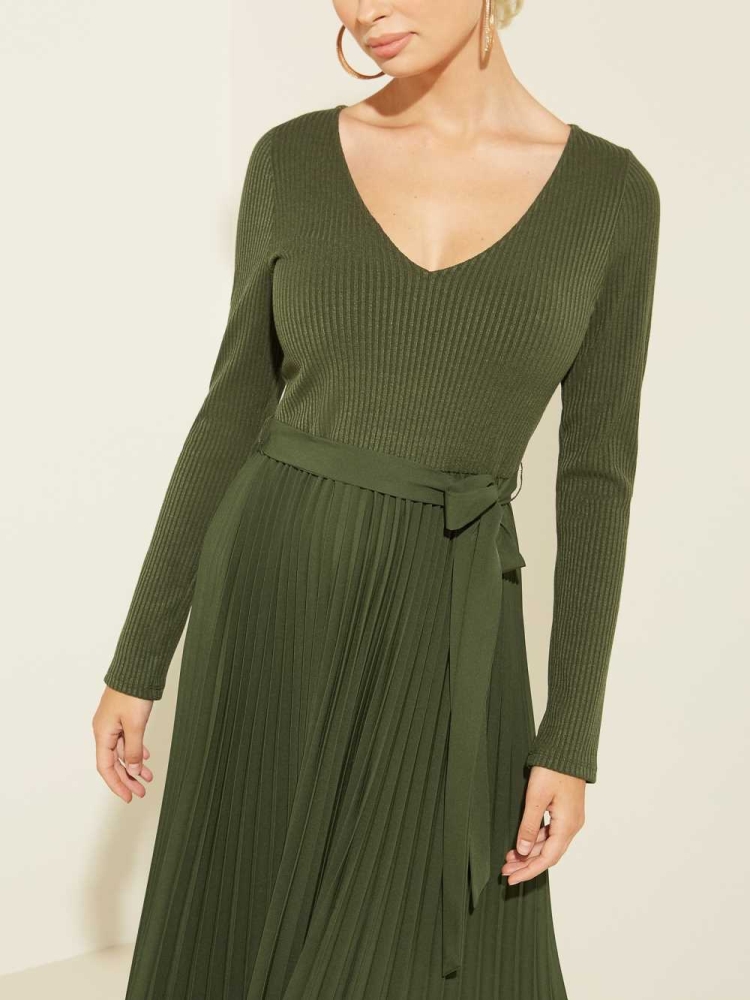 GUESS Eco Erynn Pleated Long-Sleeve Women's Dresses Green | UK5381APM