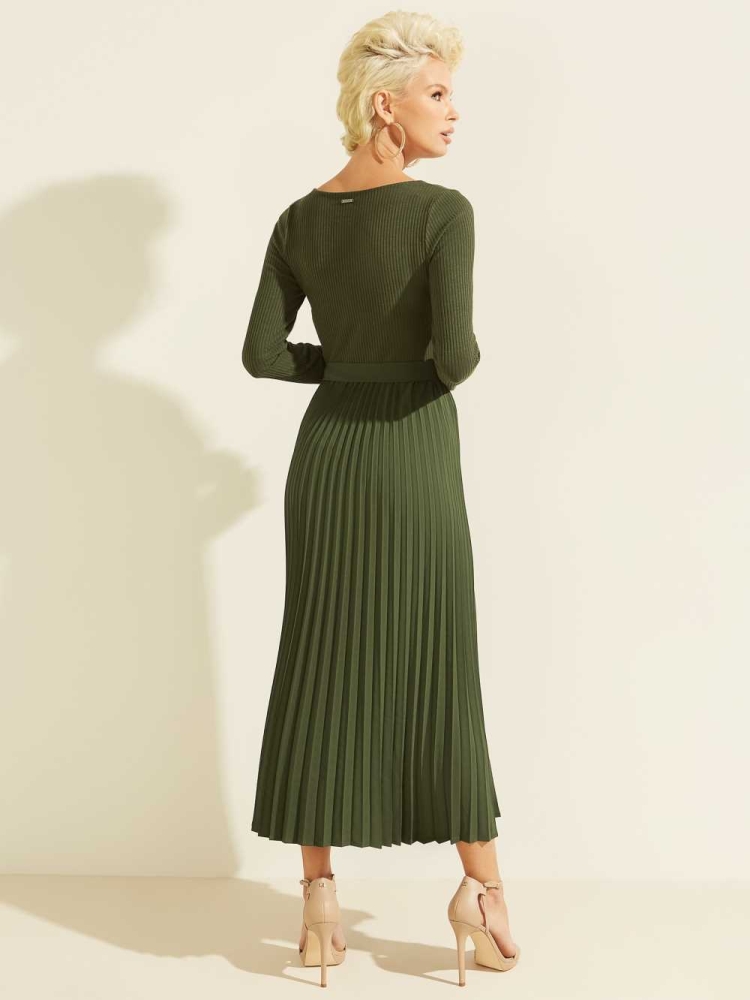 GUESS Eco Erynn Pleated Long-Sleeve Women's Dresses Green | UK5381APM