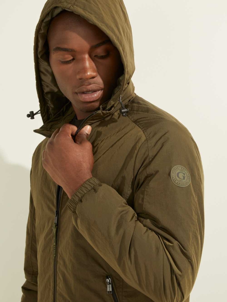 GUESS Eco Hooded Men's Windbreaker Olive | UK8109AYX