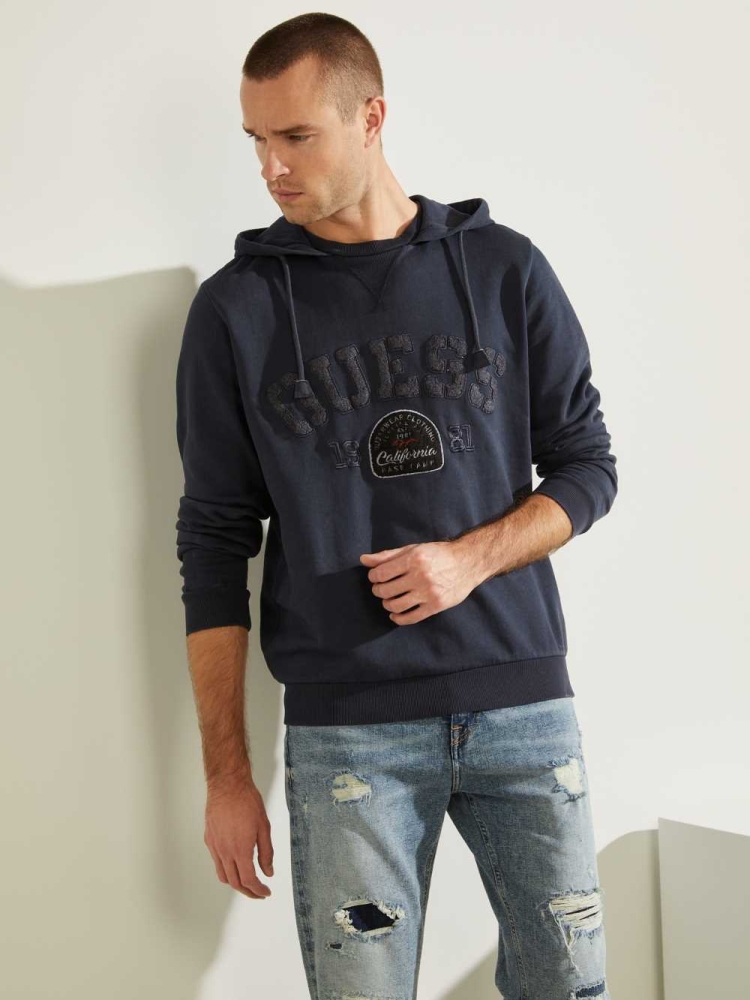 GUESS Eco Murray Logo Men\'s Hoodies Dark Blue | UK7816EOT