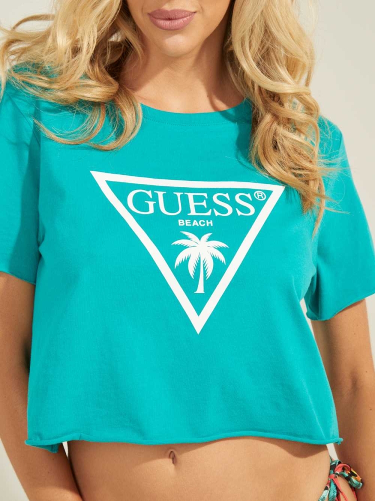 GUESS Eco Printed Crop Top Women's Swimwear Deep Green Blue | UK0563NXV