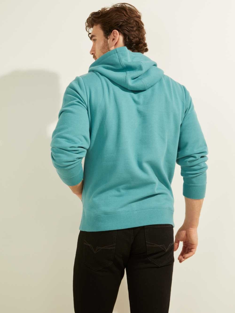 GUESS Eco Roy Embroidered Logo Men's Hoodies Turquoise | UK8349AWM