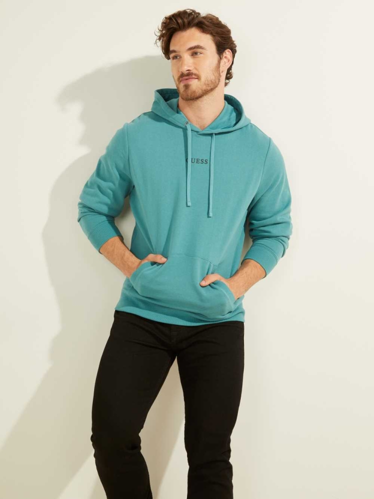 GUESS Eco Roy Embroidered Logo Men\'s Hoodies Turquoise | UK8349AWM