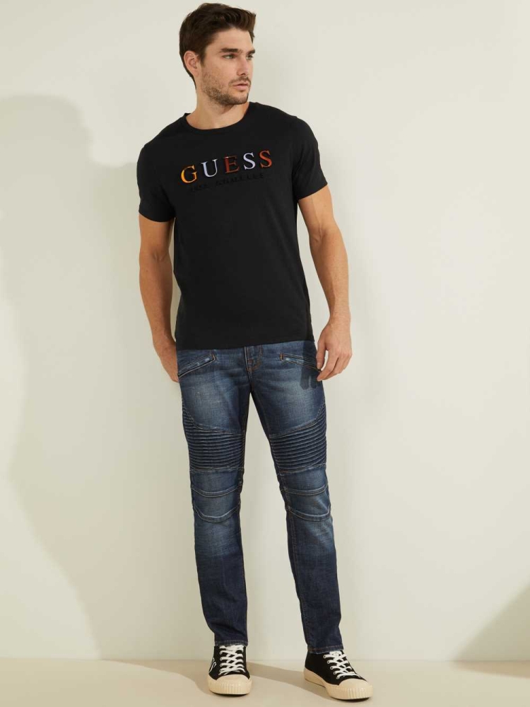 GUESS Embossed Logo Men's T-Shirts Black | UK9562ISQ