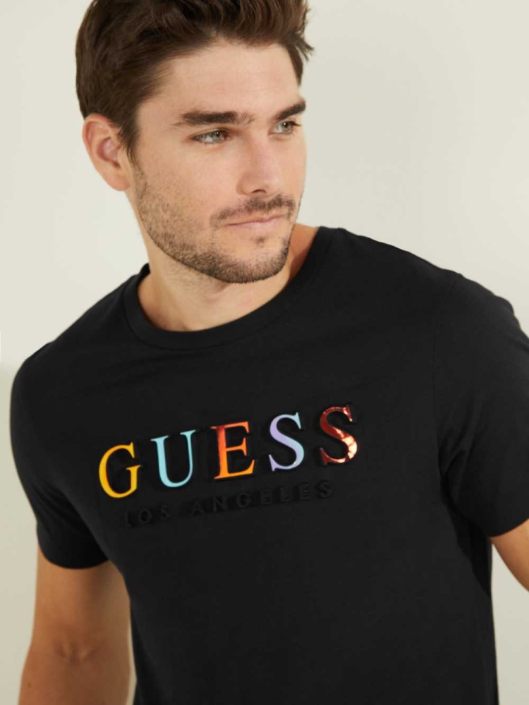 GUESS Embossed Logo Men's T-Shirts Black | UK9562ISQ