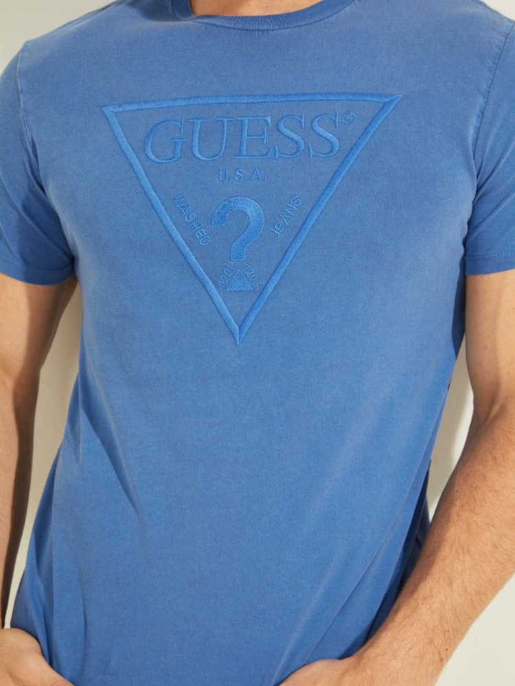 GUESS Embroidered Logo Men's T-Shirts Blue Multicolor | UK4872ICZ