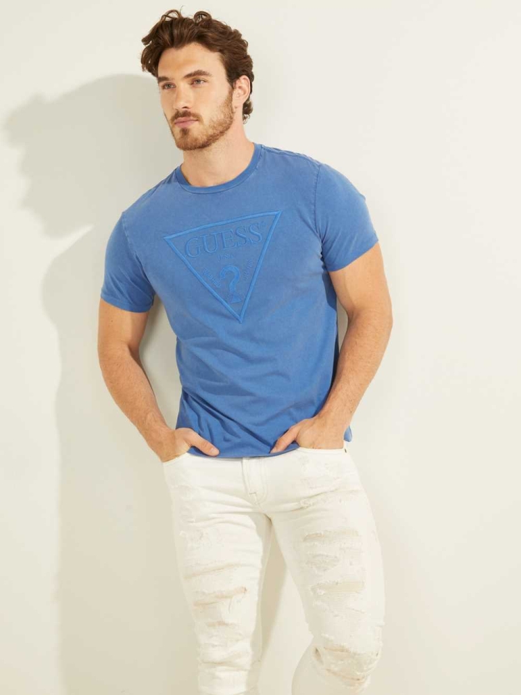 GUESS Embroidered Logo Men\'s T-Shirts Blue Multicolor | UK4872ICZ