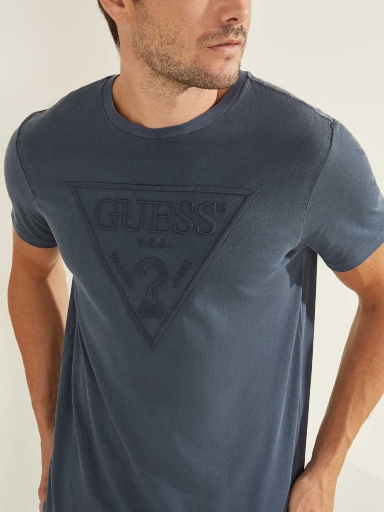 GUESS Embroidered Logo Men's T-Shirts Blue Multicolor | UK7319XCY