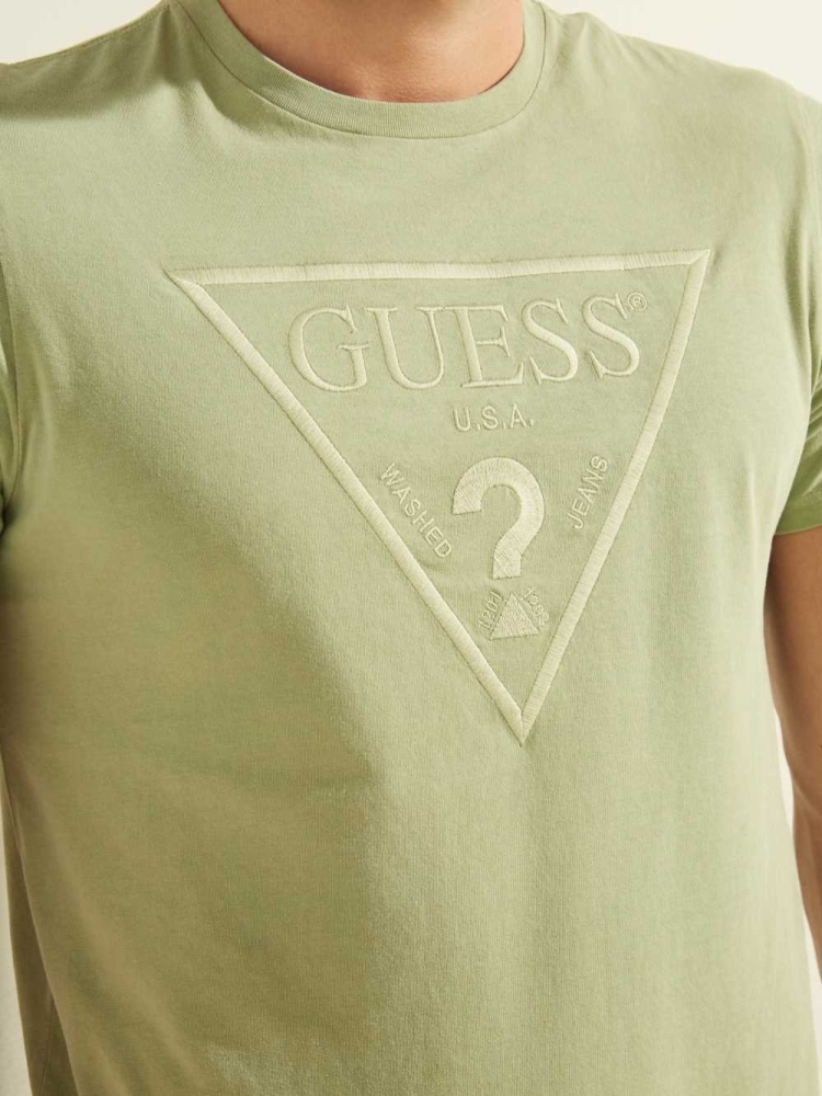 GUESS Embroidered Logo Men's T-Shirts Olive Multicolor | UK3259DOA