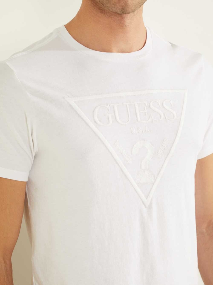 GUESS Embroidered Logo Men's T-Shirts White | UK3519NYJ