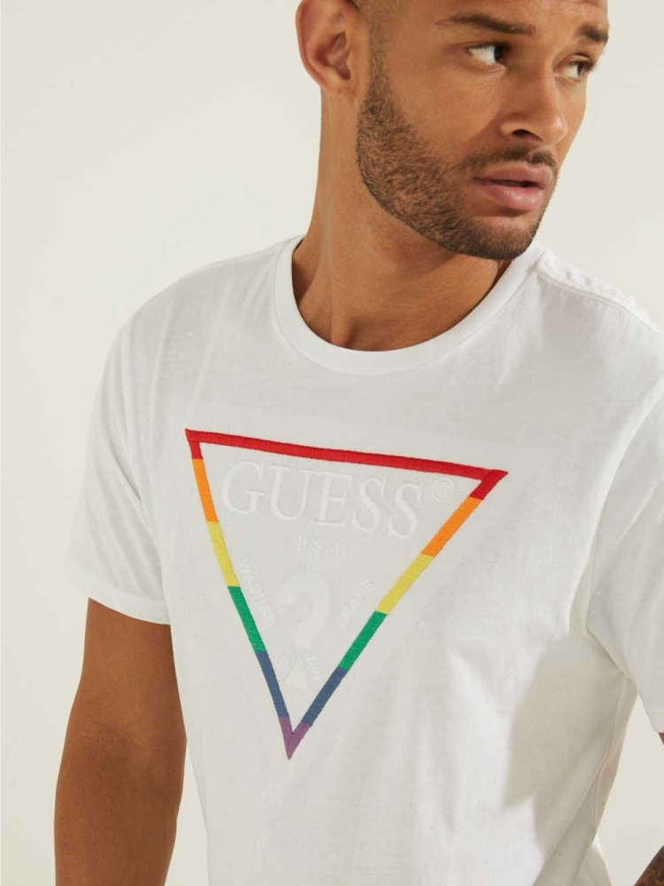 GUESS Embroidered Rainbow Logo Men's T-Shirts White Multicolor | UK7105ZPY