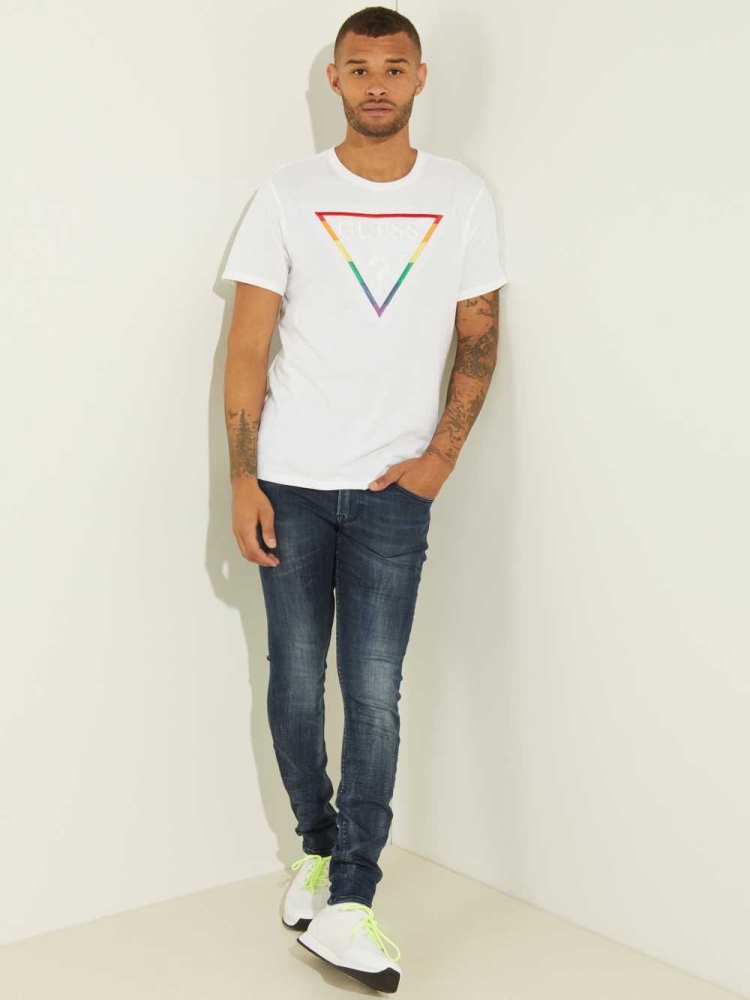 GUESS Embroidered Rainbow Logo Men's T-Shirts White Multicolor | UK7105ZPY