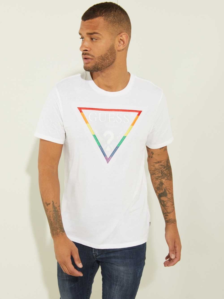 GUESS Embroidered Rainbow Logo Men\'s T-Shirts White Multicolor | UK7105ZPY