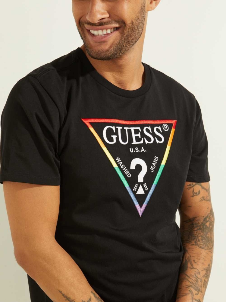 GUESS Embroidered Rainbow Logo Men's T-Shirts Black | UK8539AIE