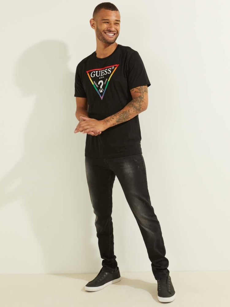 GUESS Embroidered Rainbow Logo Men's T-Shirts Black | UK8539AIE