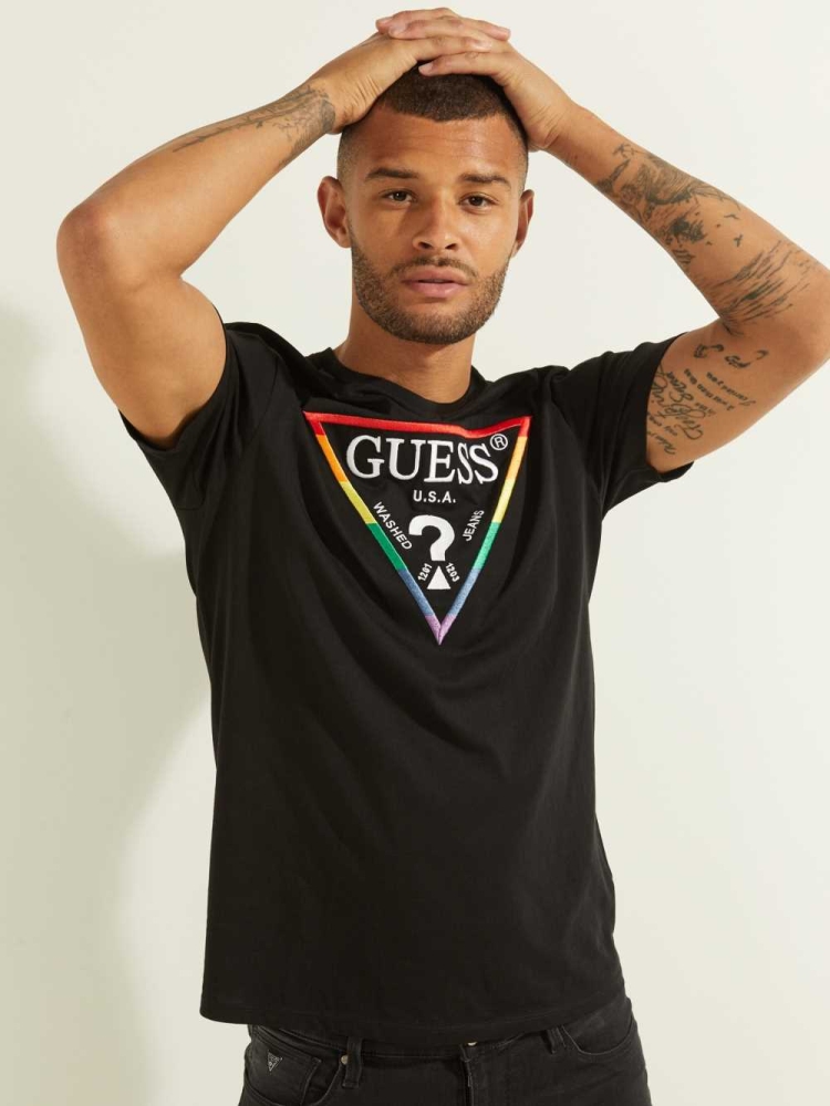 GUESS Embroidered Rainbow Logo Men\'s T-Shirts Black | UK8539AIE