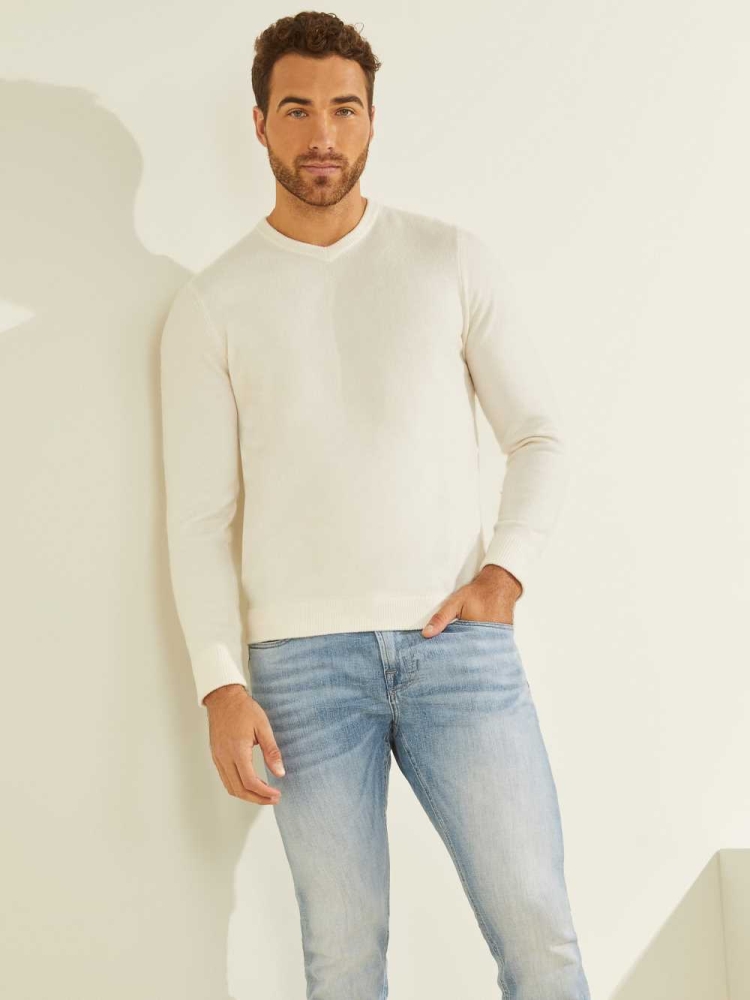 GUESS Esmere Wool-Blend V-Neck Men\'s Sweaters Cream White | UK9347TLW