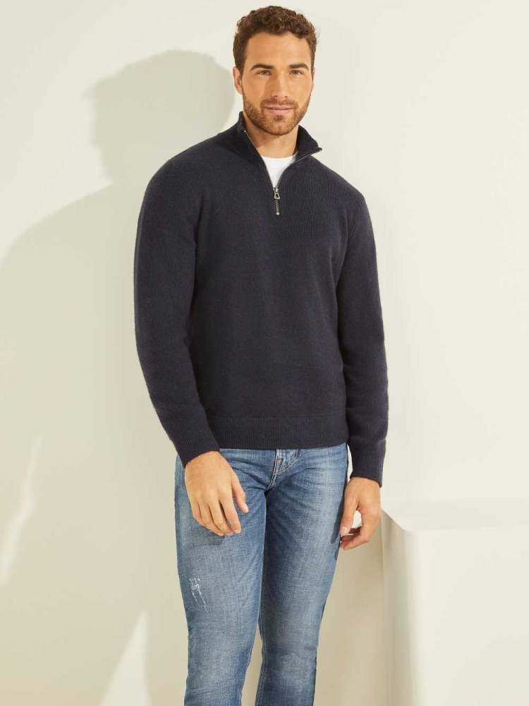 GUESS Esmere Wool-Blend Zip Men\'s Sweaters Dark Blue | UK7085ORD