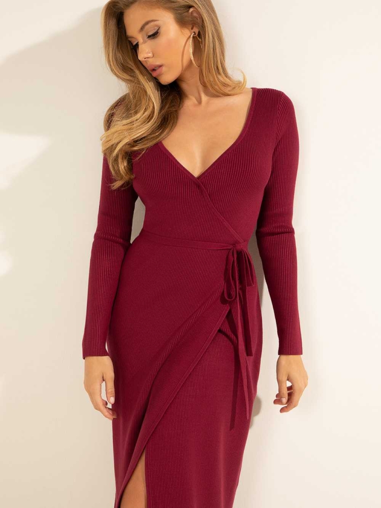 GUESS Everly Wrap Women's Dresses Dark Red | UK0437UHC