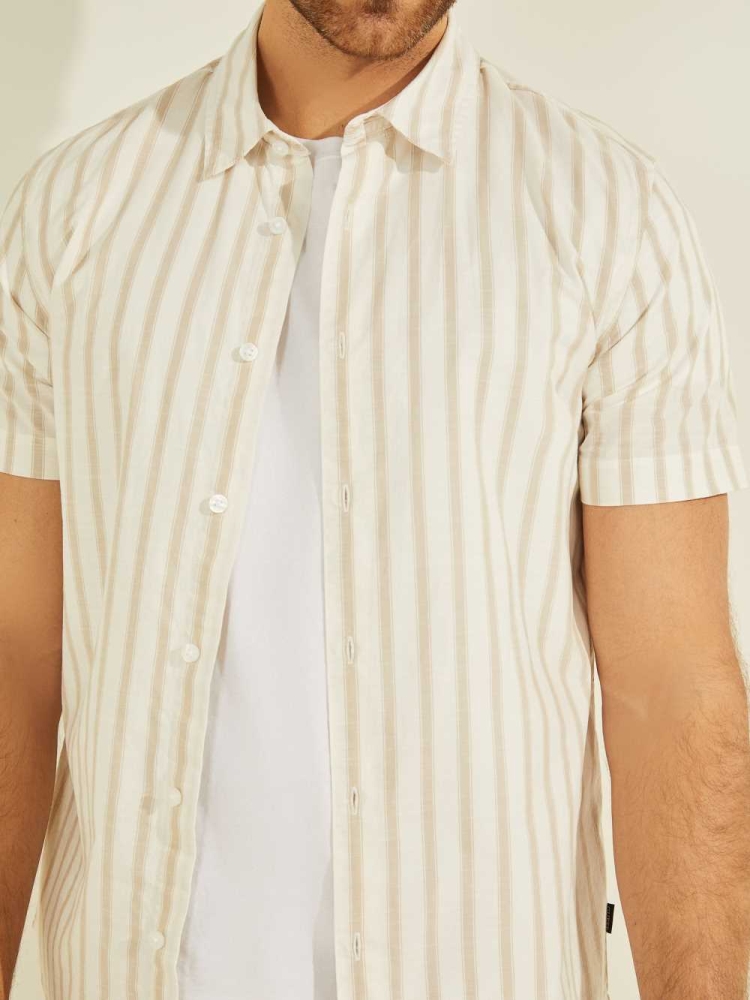 GUESS Falls Striped Men's Shirts Beige | UK1289EXZ